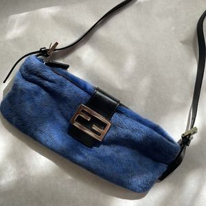Vintage Fendi Blue Cow Print Crossbody Baguette